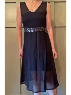 Ghost London Sheer Black V-Neck Sleeveless Midi Dress With Sequins Size Small